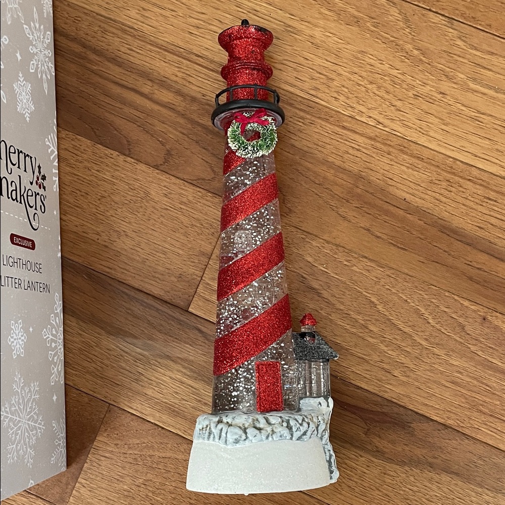 Red and White Lighthouse Glitter Lantern - Picture 3 of 6